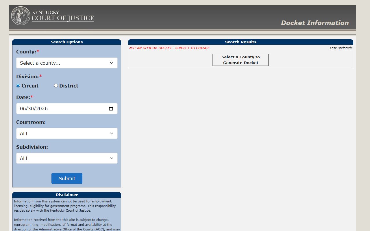 Casey County court records KCOJ docket search interface