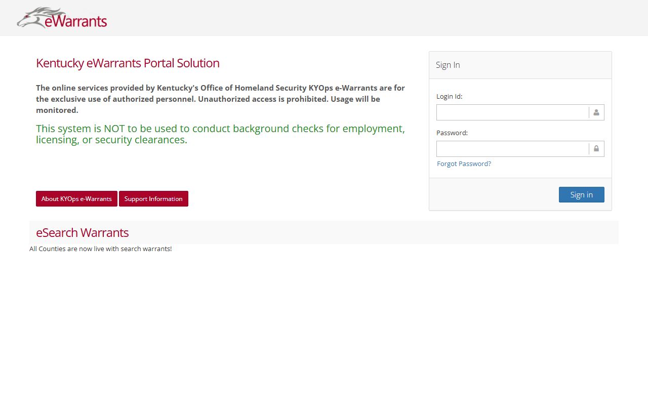 Casey County warrant records Kentucky eWarrants authorized login channel